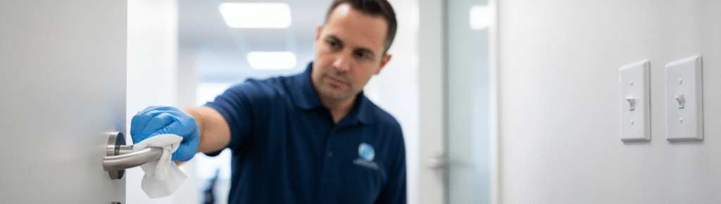 Cleaning technician sanitizing high touch areas like door handles and light switches.