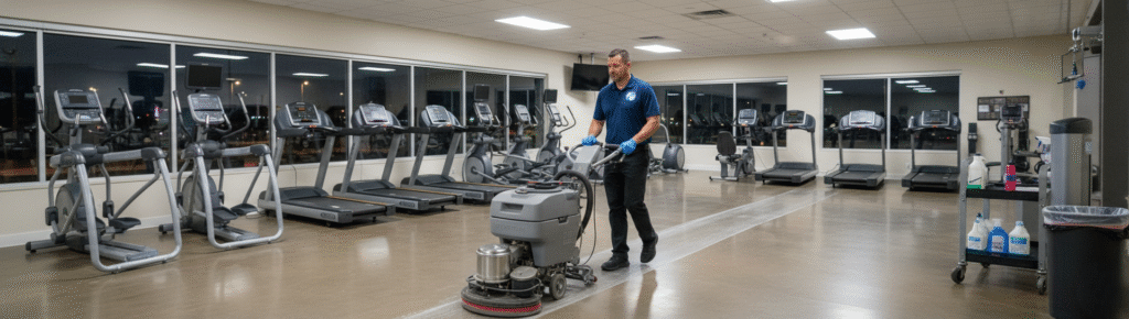 Janitor cleaning a fitness studio or retail space in Addison.