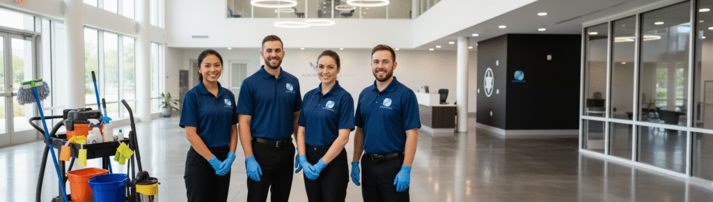 Smiling cleaning team standing in a commercial building lobby.