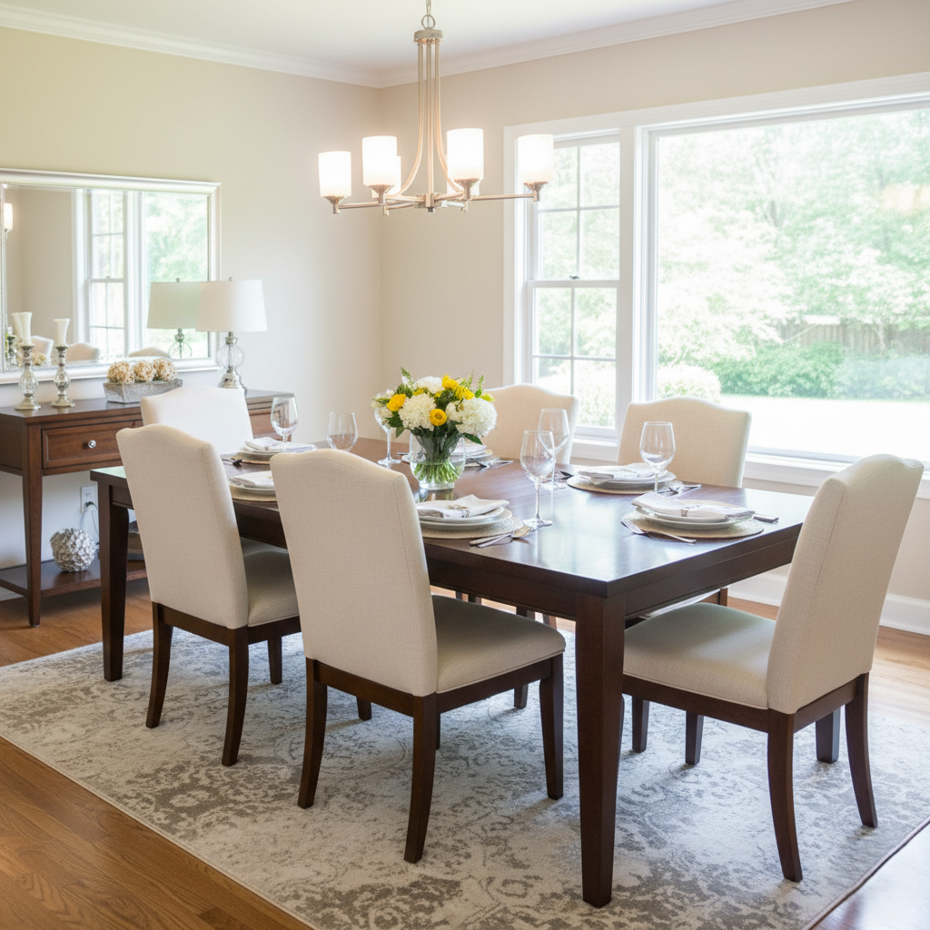 A freshly cleaned dining area ready for a family gathering.