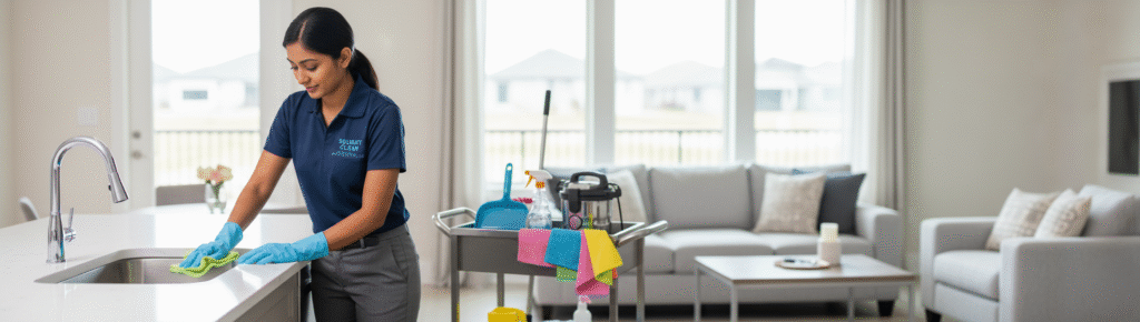 A maid with professional tools cleaning a modern kitchen or living room.