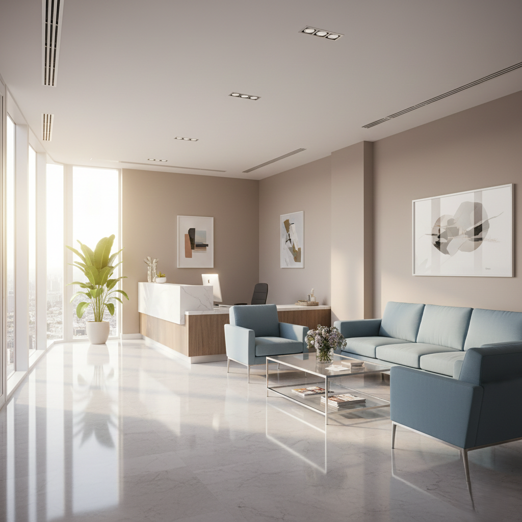 A neat office reception area with clean furniture and polished floors.