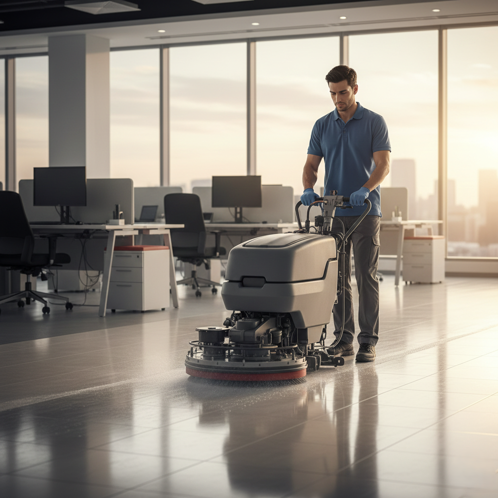 A professional cleaner using floor cleaning equipment on office tile or carpet.