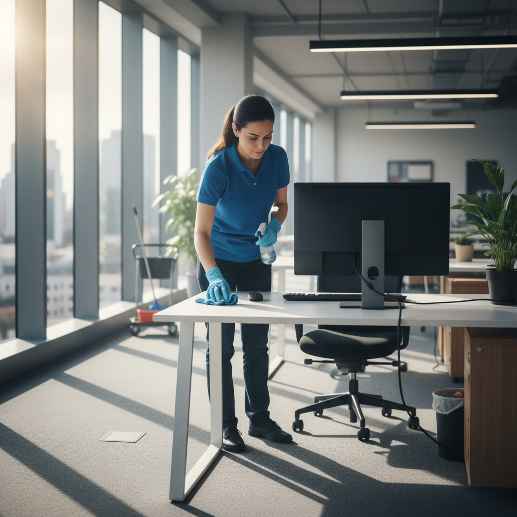 A professional cleaner wiping down office desks in a modern workspace with natural lighting.