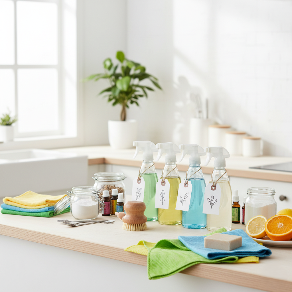 Display of non toxic, eco friendly cleaning supplies used by professionals.