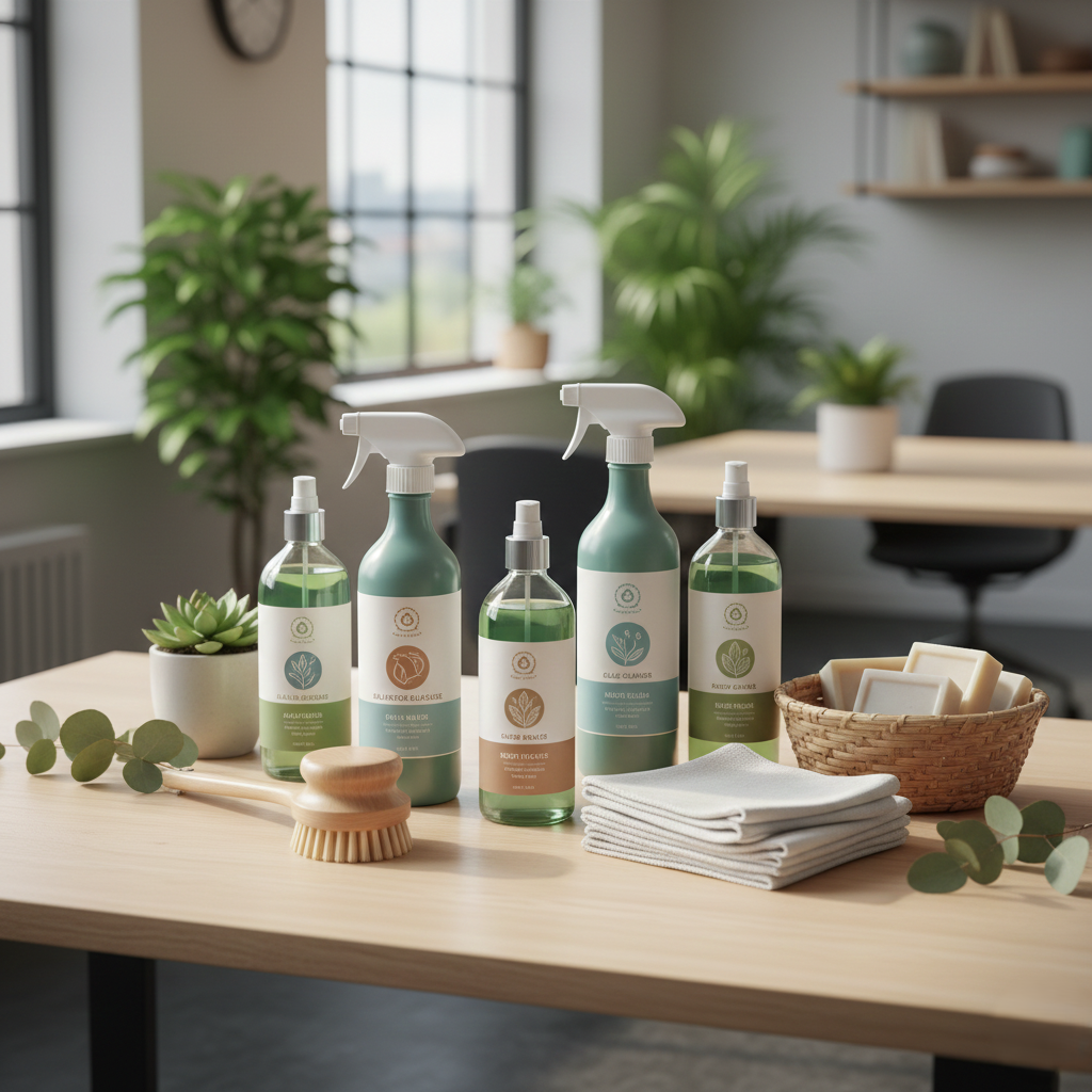Eco friendly cleaning products arranged neatly with a green office background.