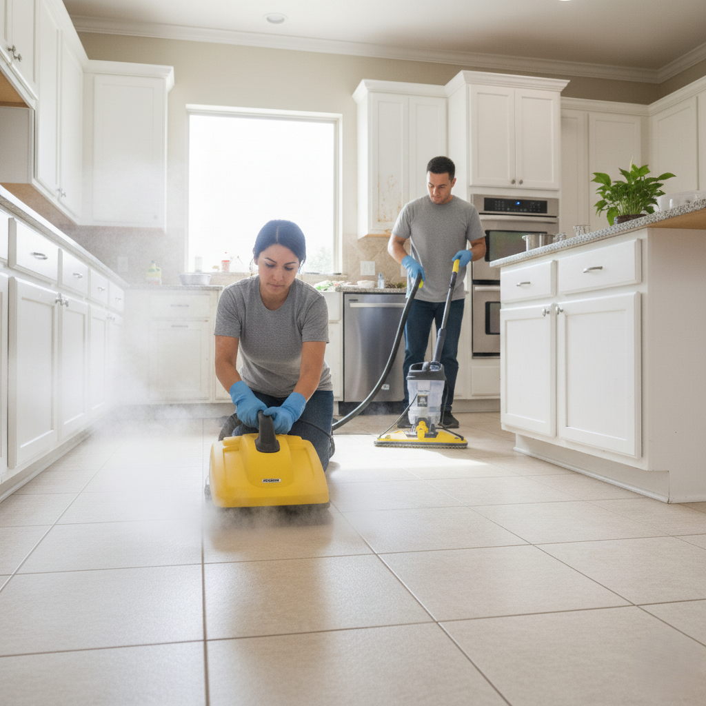 Professional cleaners using steam equipment on a tiled floor in Addison.