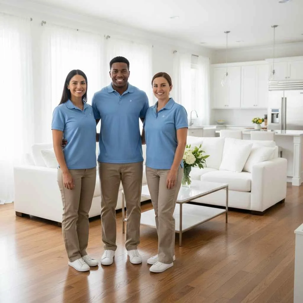 Smiling professional cleaning team in a pristine home.