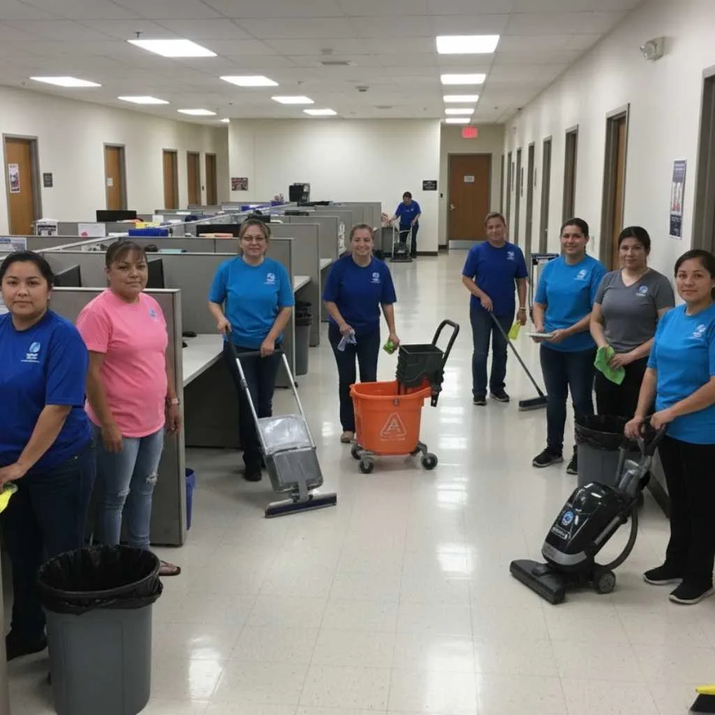  janitorial staff cleaning a commercial workspace