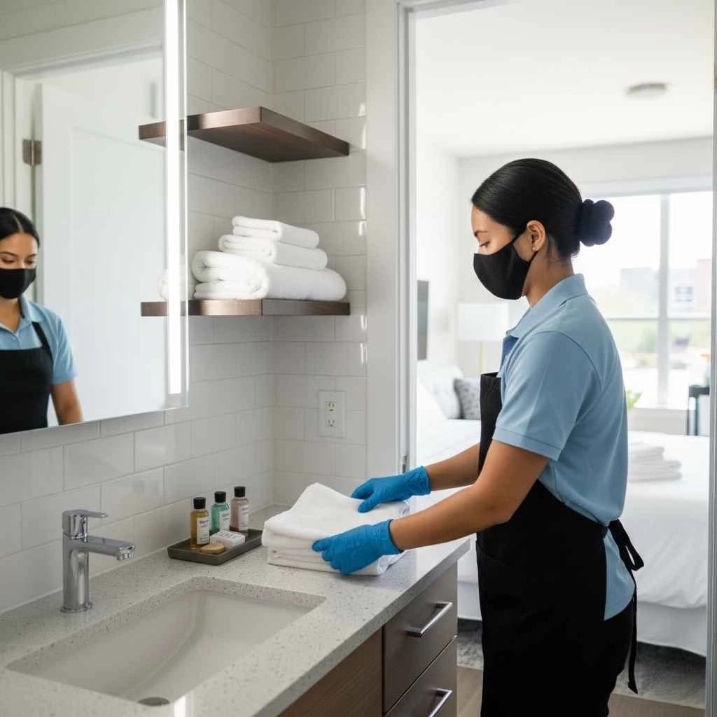 Cleaner restocking towels and amenities in Airbnb