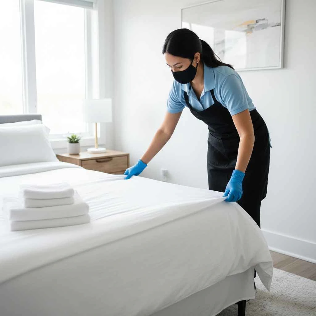 Professional cleaner making a bed in an Airbnb rental