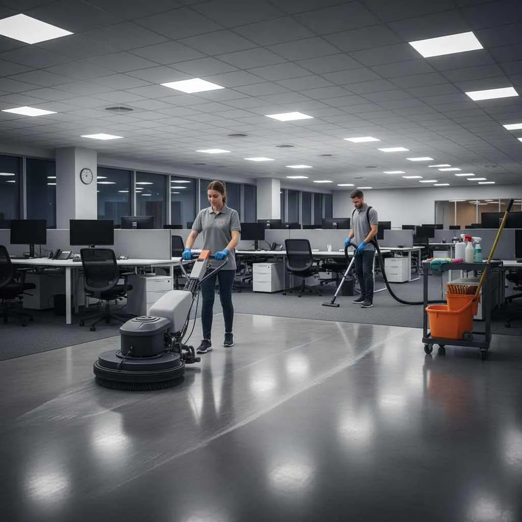 professional cleaners working after office hours