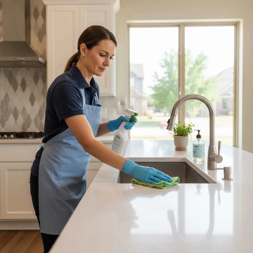 cleaner sanitizing an Addison kitchen
