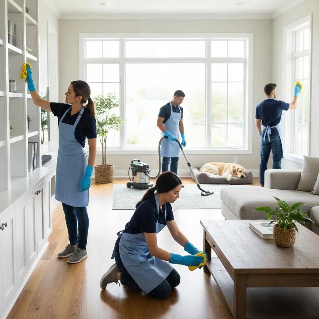 professional cleaners working as a team